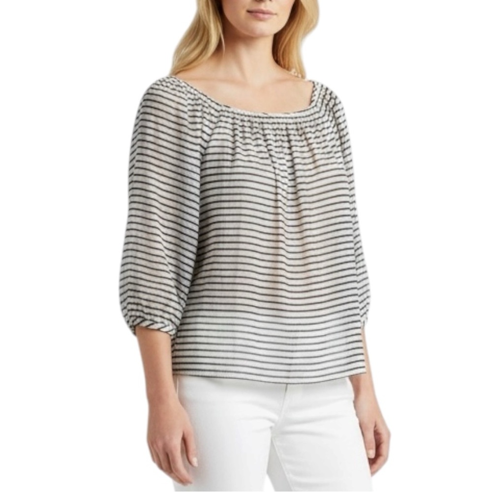 CHICO’s Sheer Striped Cuffed Blouse in White / Navy Size 2 -- CLOSET STAPLE!!!